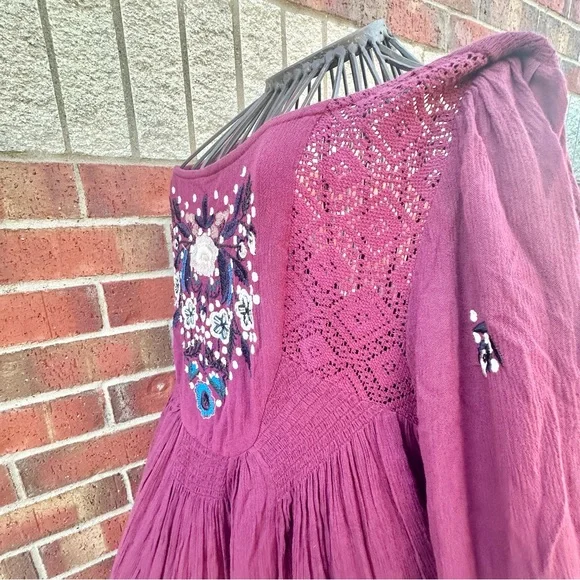 Free People Plum Backless Dress FloralEmbroidered BOHO Artsy Flow Babydoll Sz M - Picture 8 of 16